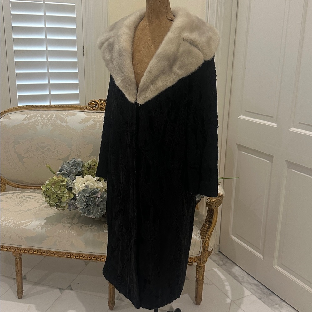 Vintage persian  broadtail lamb coat with mink collar by Pollacks furs. 1960’s